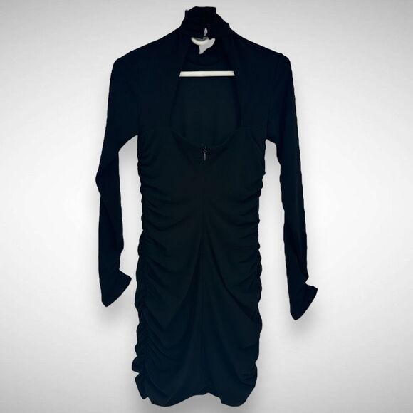 Cinq a Sept Amar Black Open Back Ruched Cross Over Stretch Mini Dress Size 2 - Picture 5 of 10